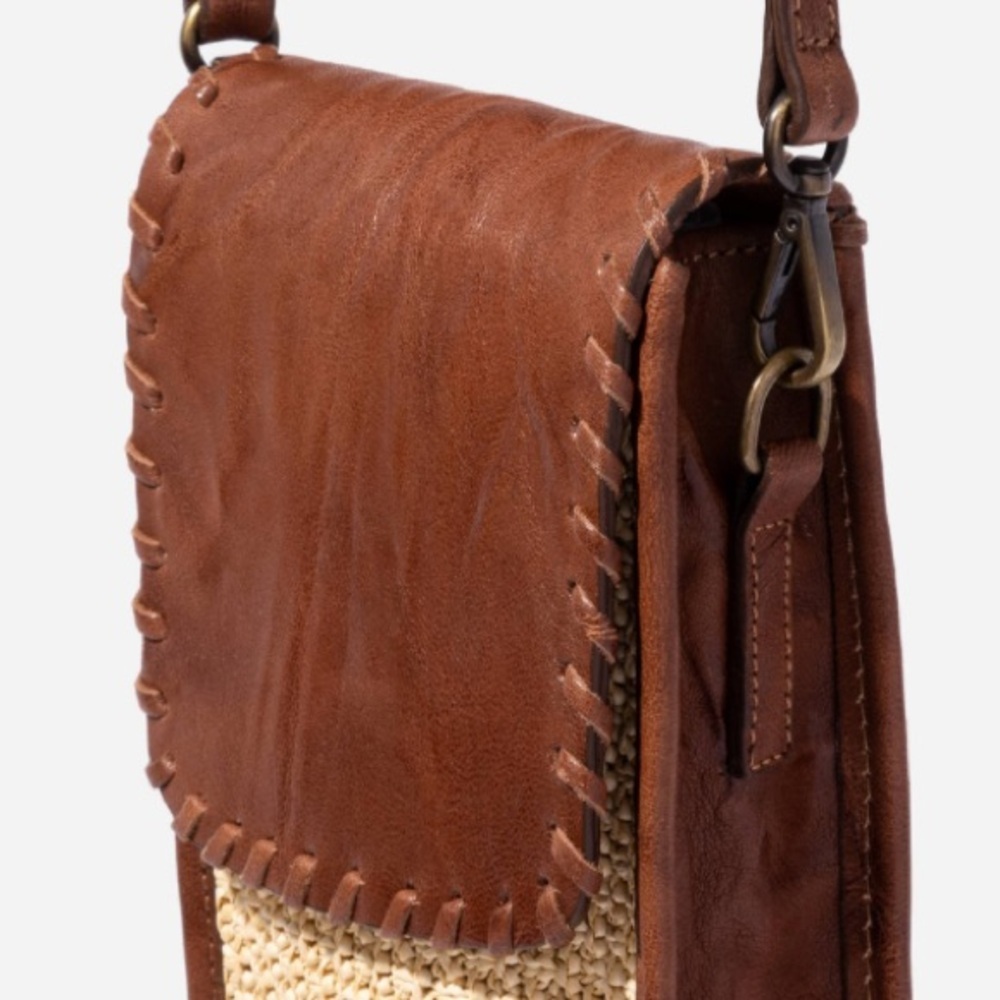JOHNNY WAS COGNAC ITALIAN RAFFIA MICRO CROSSBODY NWT - Picture 7 of 10